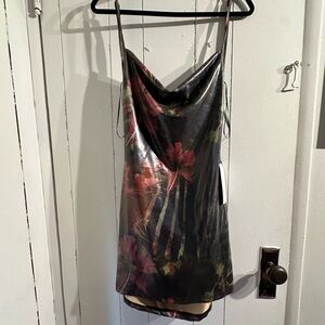 AKIRA NWT SHINY Black Floral Cowl Neck MINI DRESS BACKLESS